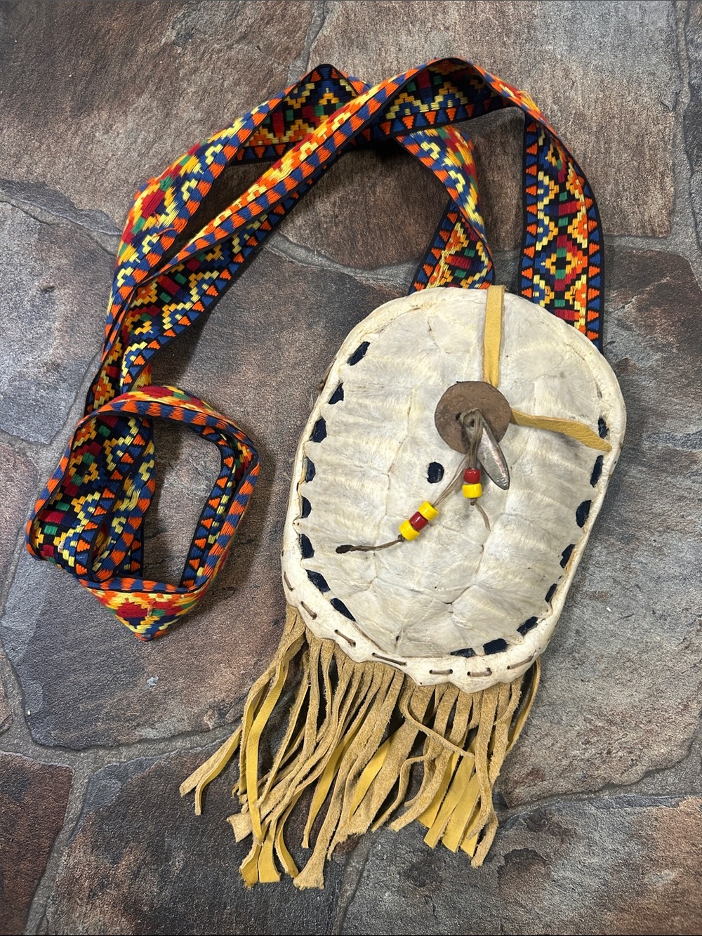 Vintage Authentic Turtle Shell Medicine Bag w/ Fringe Multicolor Strap